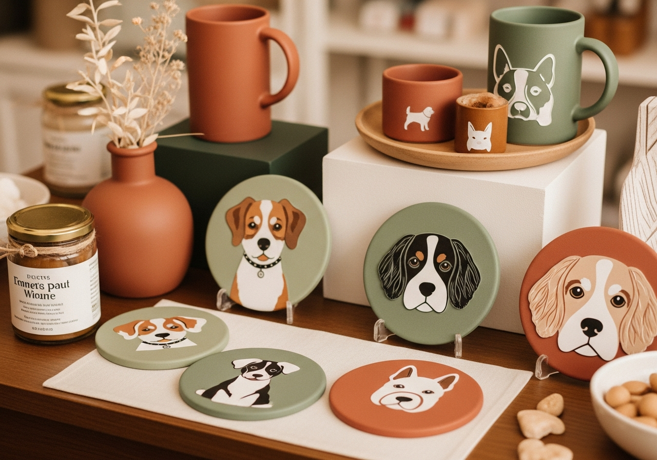 Dog coasters styled in a warm gift-shop scene