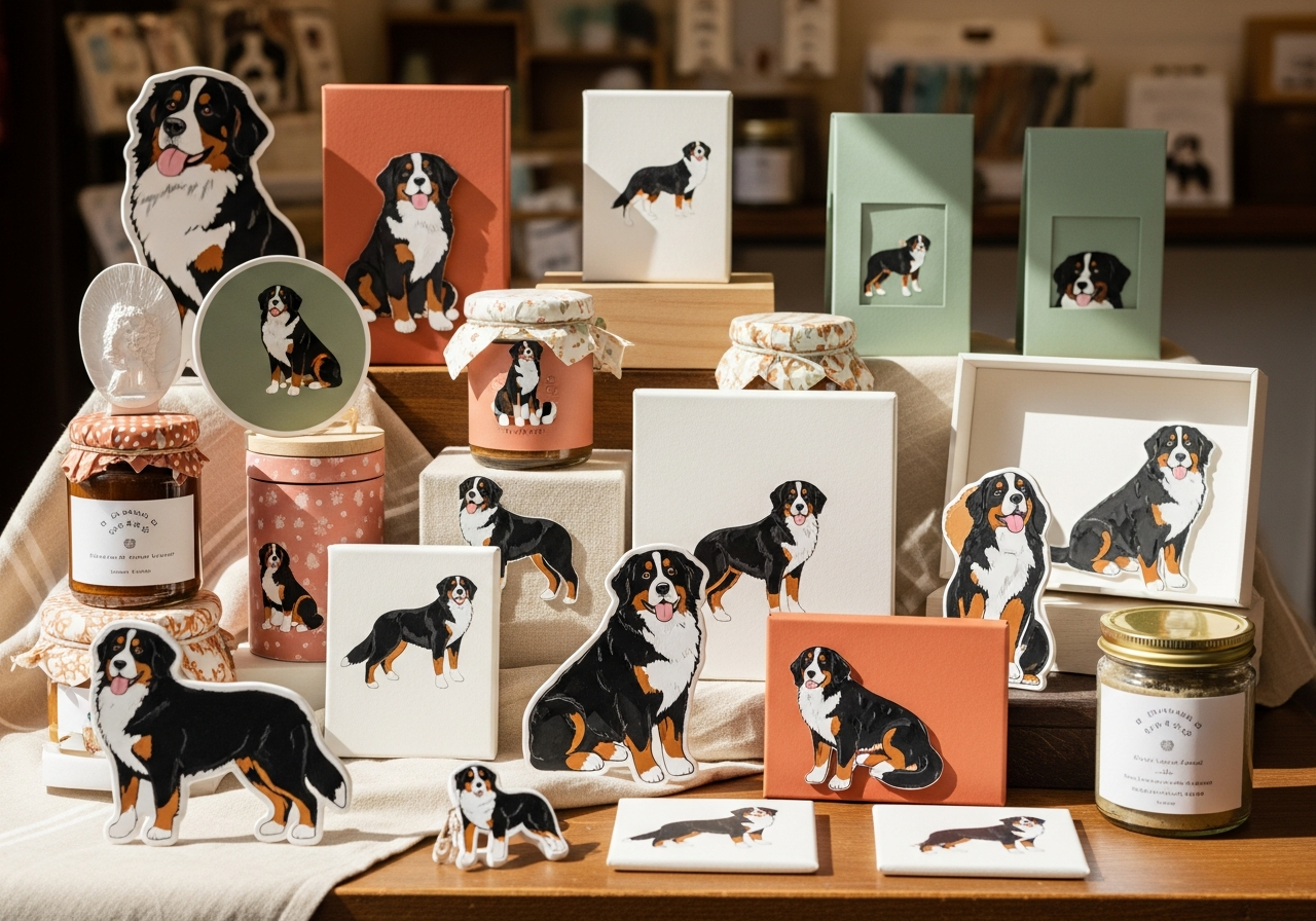 Bernese mountain dog gifts styled in a warm gift-shop scene