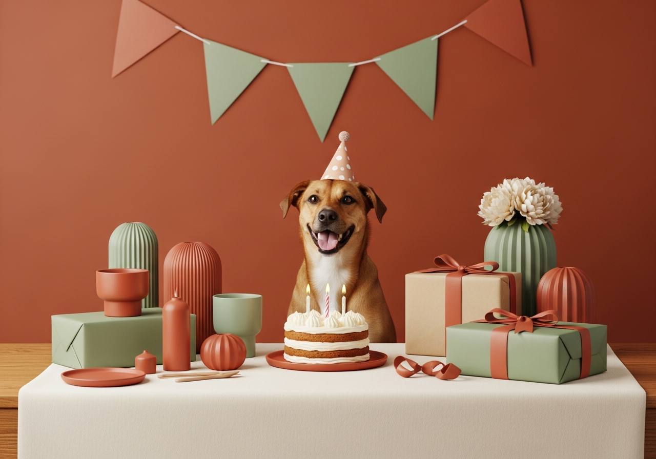 Dog birthday gifts styled in a warm gift-shop scene