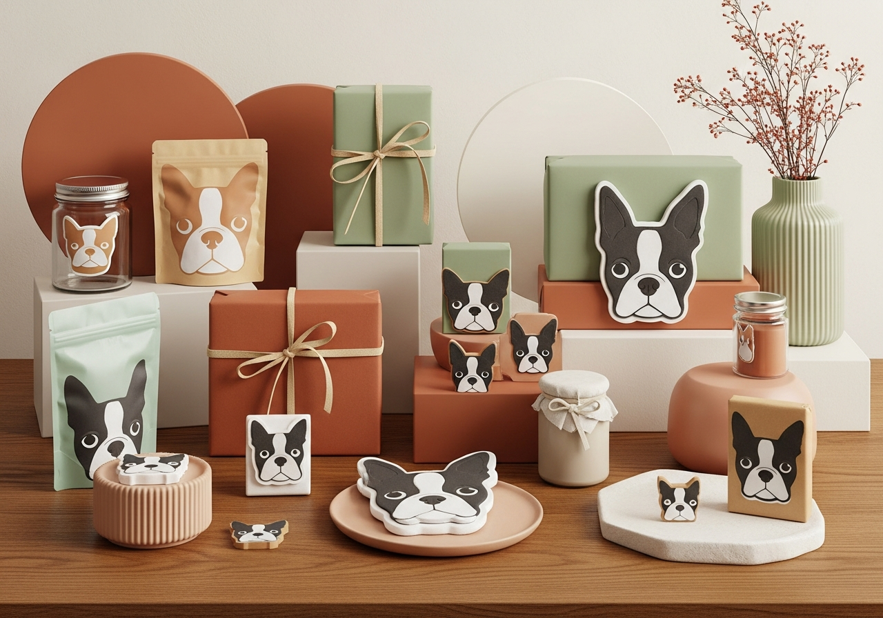 Boston terrier gifts styled in a warm gift-shop scene