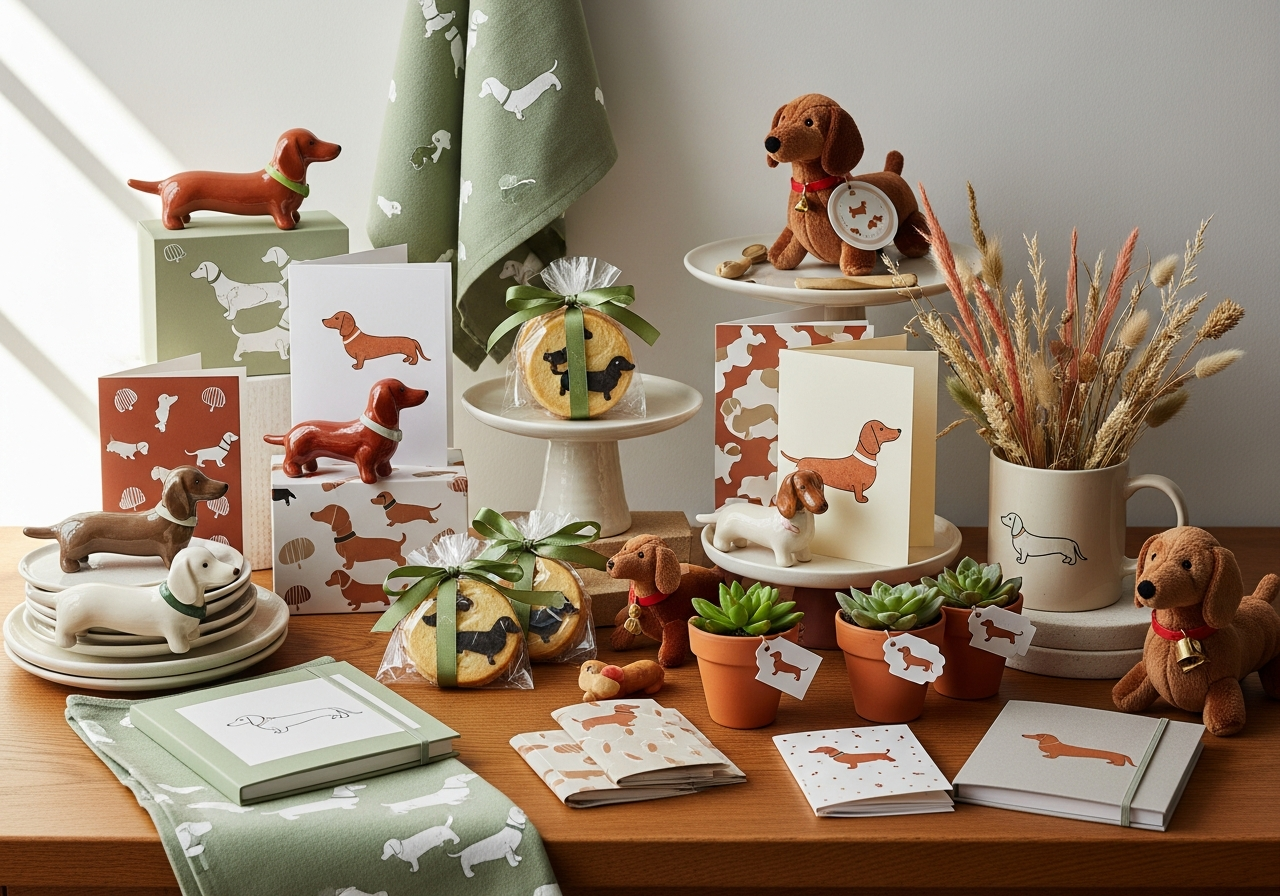 Dachshund gifts styled in a warm gift-shop scene