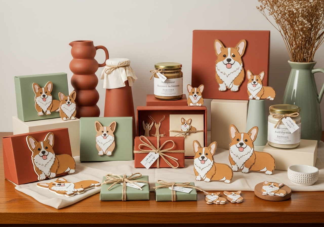 Corgi gifts styled in a warm gift-shop scene