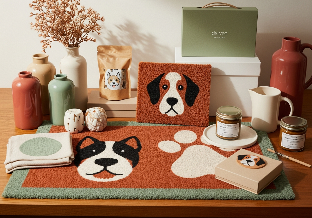 Dog doormat styled in a warm gift-shop scene
