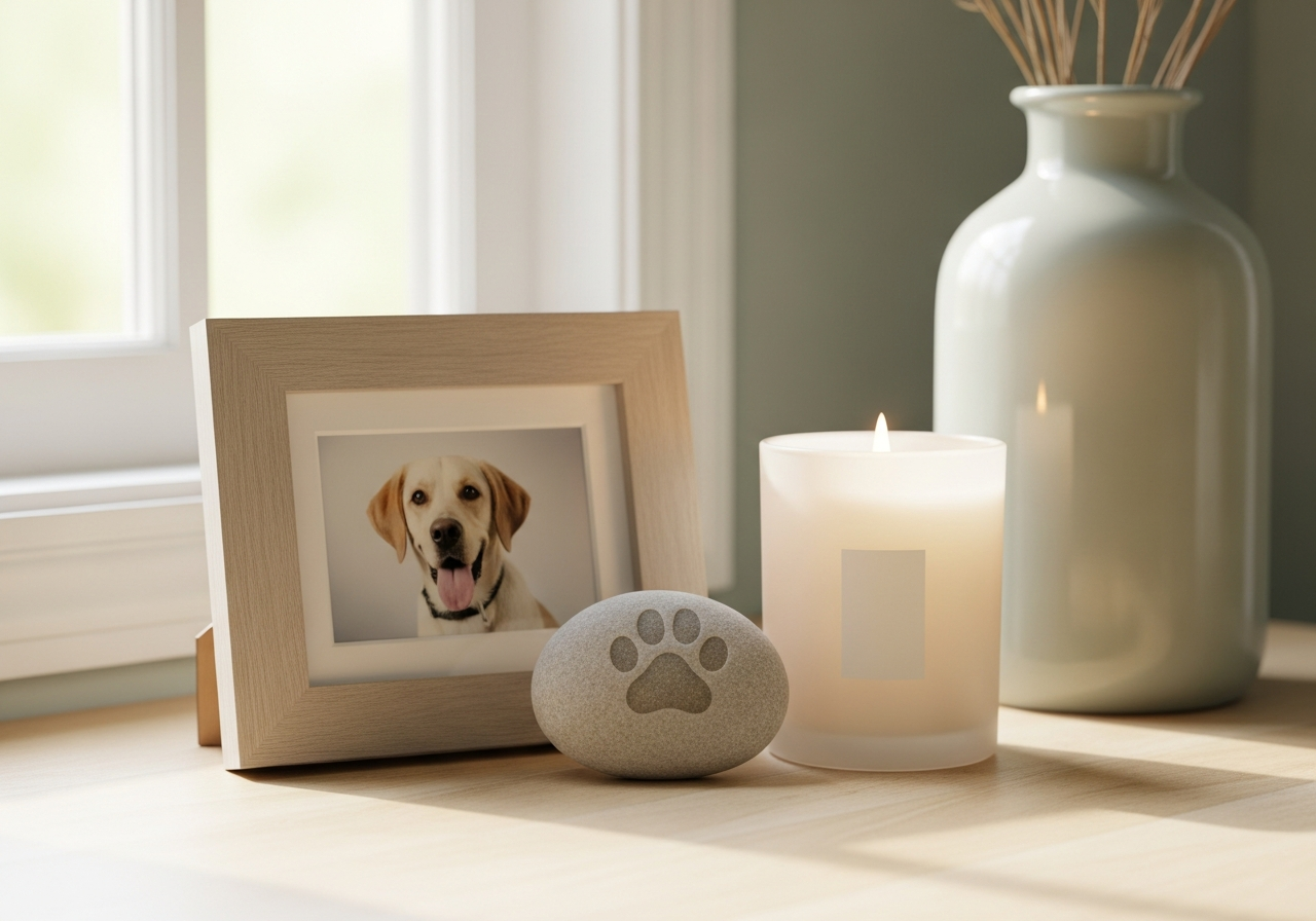 Calm memorial keepsake scene in soft sage and warm cream tones