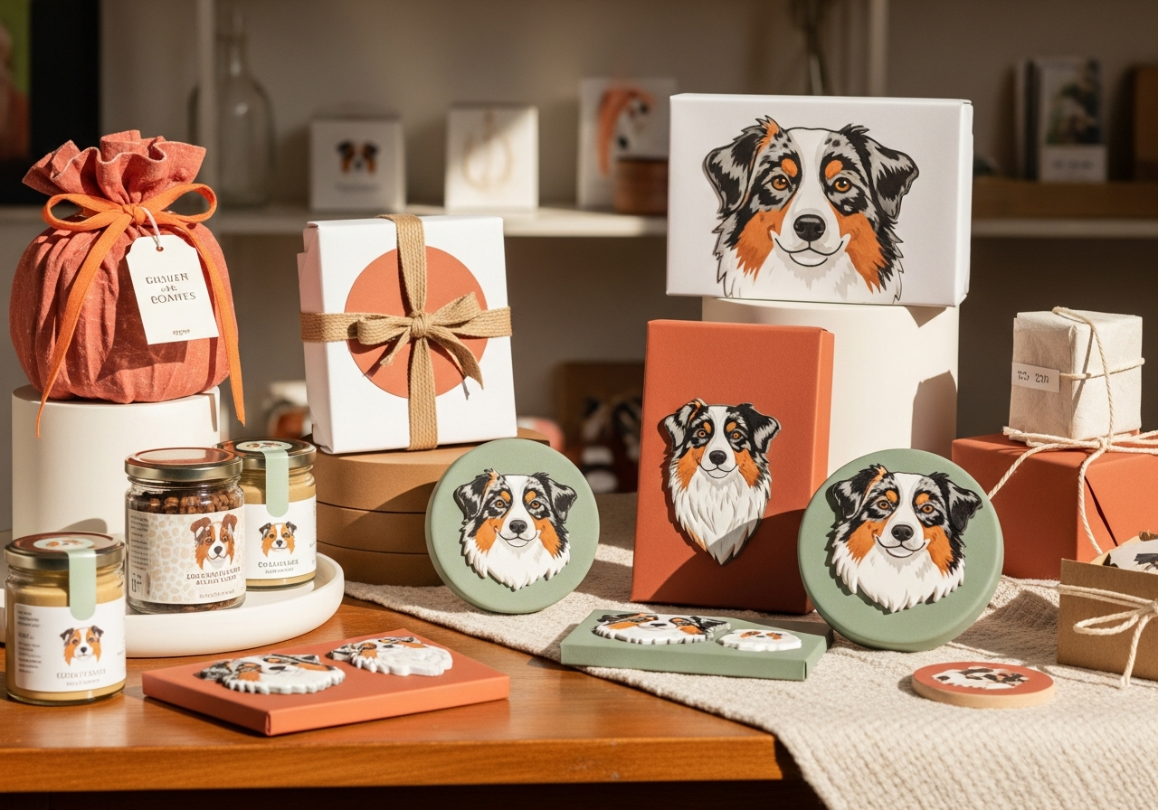Australian shepherd gifts styled in a warm gift-shop scene