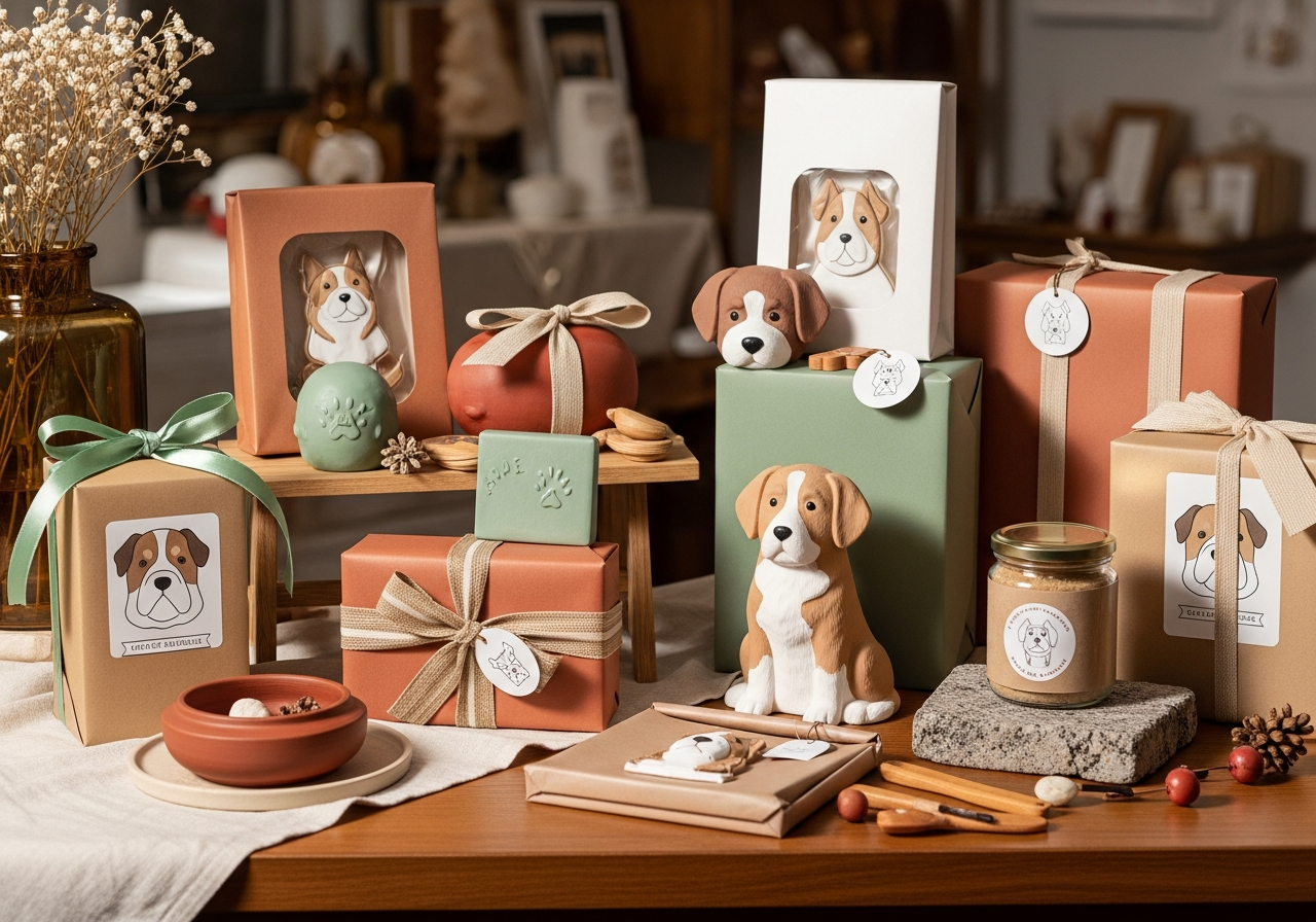 Dog christmas decor styled in a warm gift-shop scene