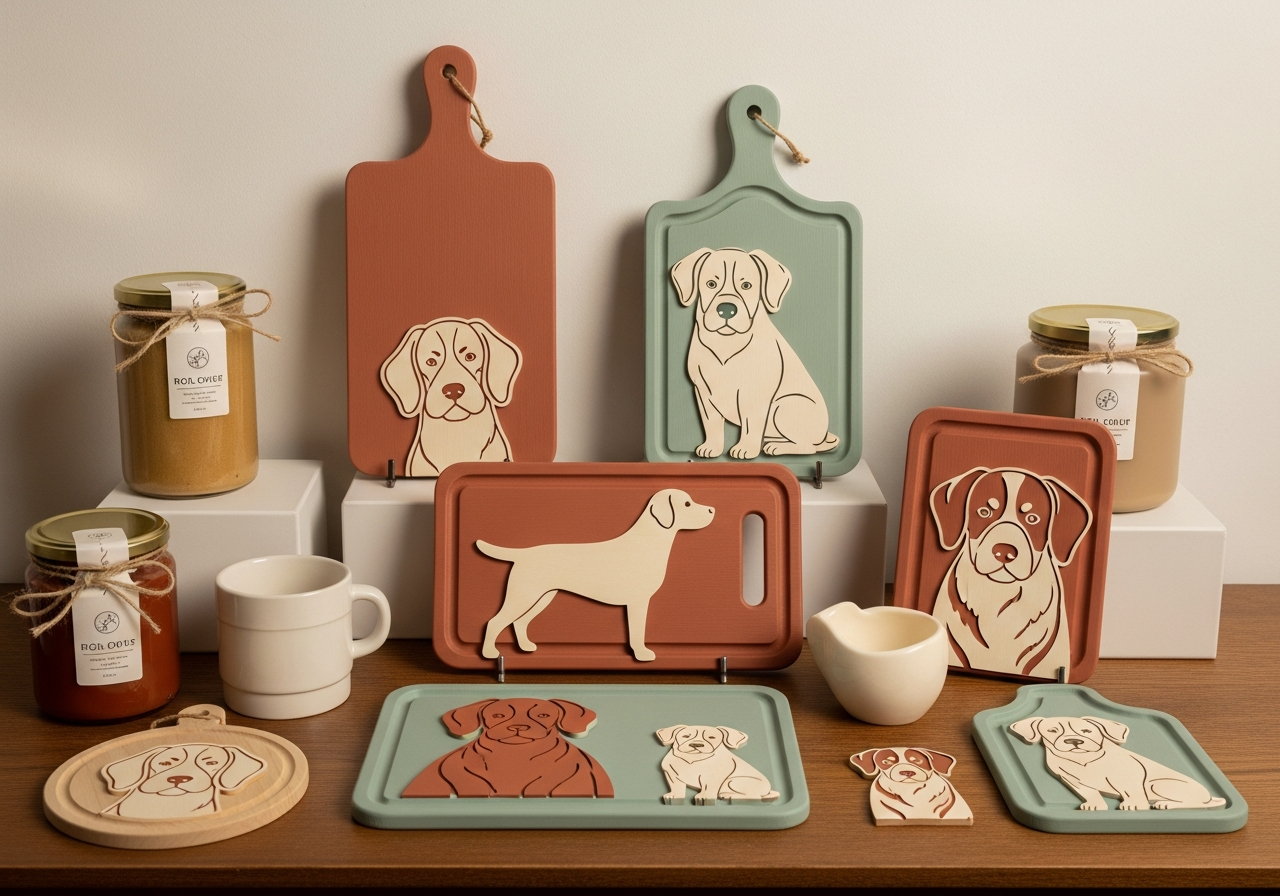 Dog cutting boards styled in a warm gift-shop scene
