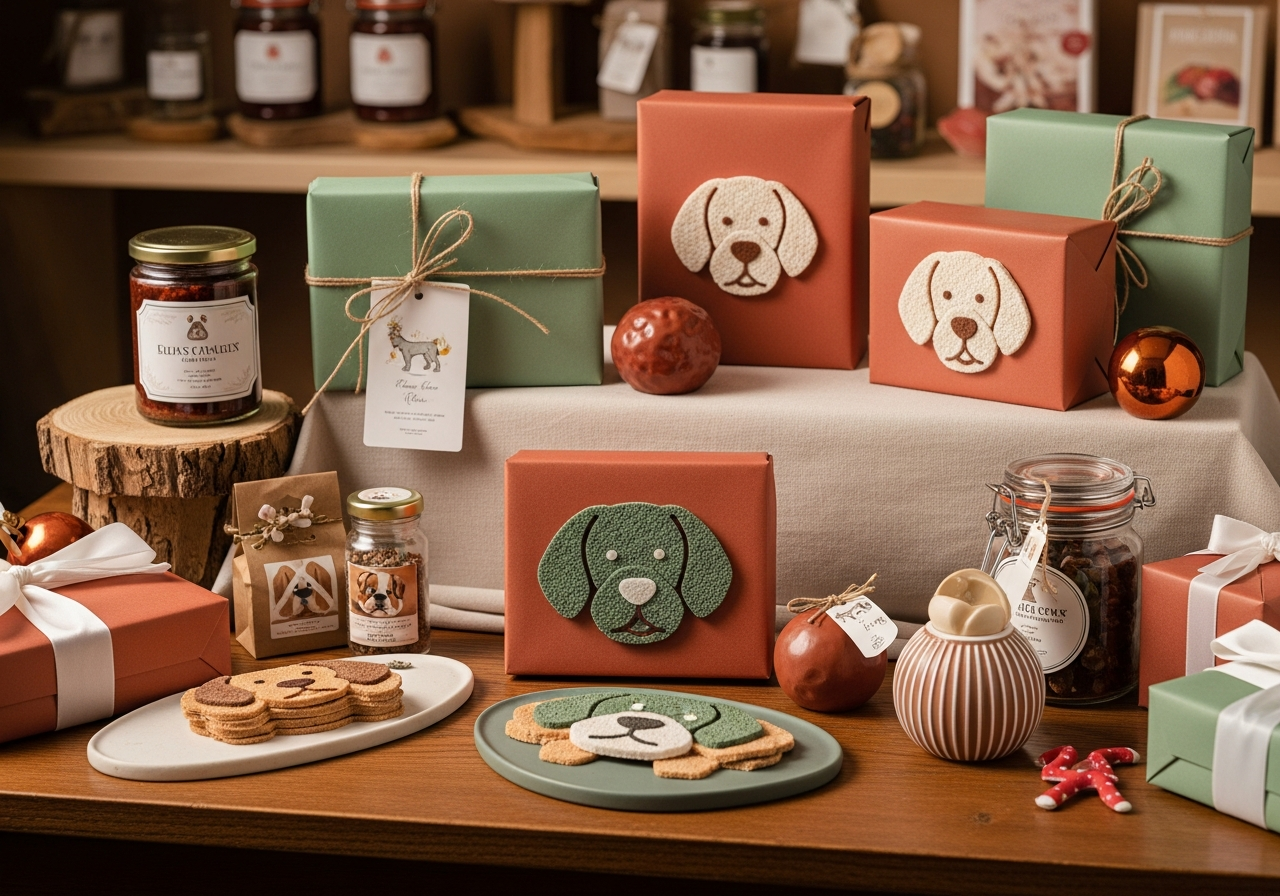 Christmas dog gifts styled in a warm gift-shop scene