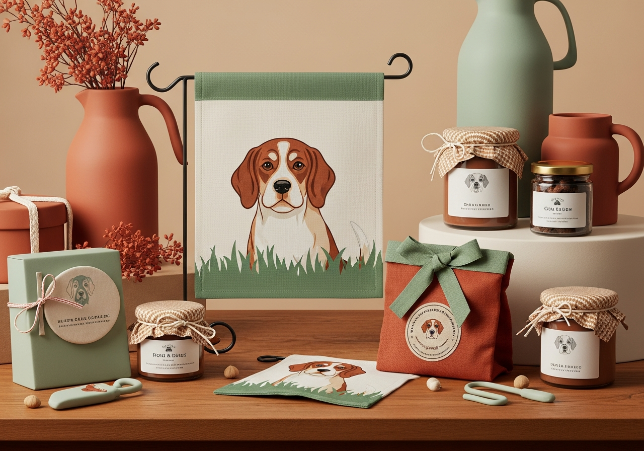 Dog garden flag styled in a warm gift-shop scene