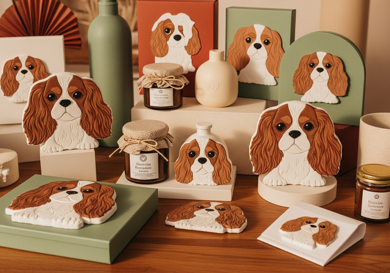 Cavalier king charles spaniel gifts styled in a warm gift-shop scene