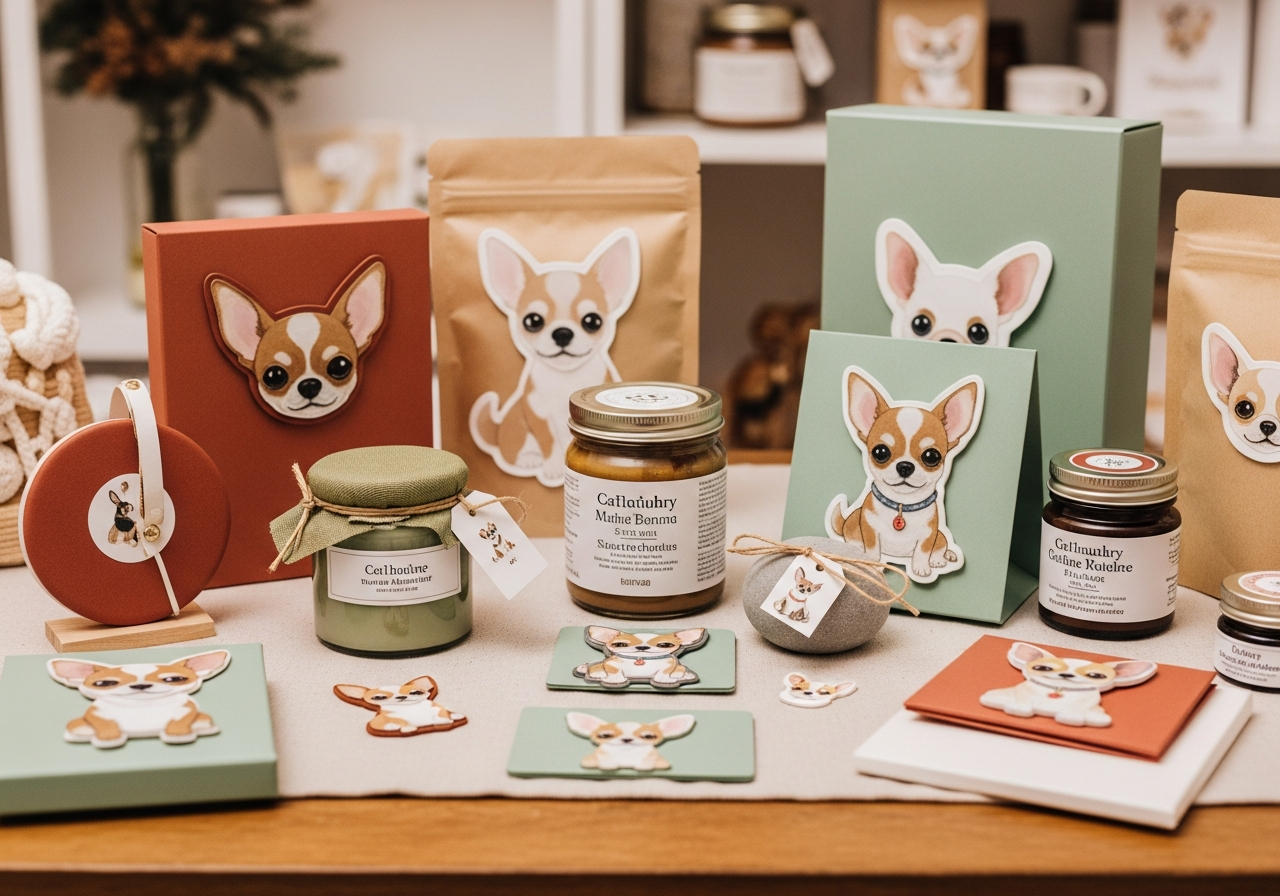 Chihuahua gifts styled in a warm gift-shop scene
