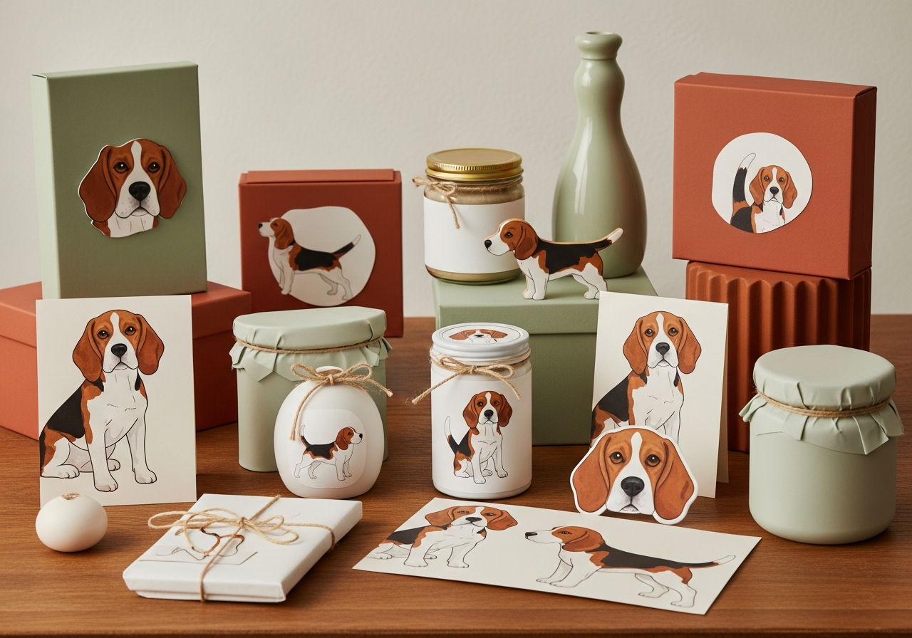 Beagle gifts styled in a warm gift-shop scene