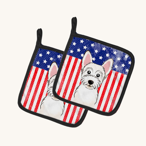 Hand-illustrated American Flag Westie Pot Holder Pair