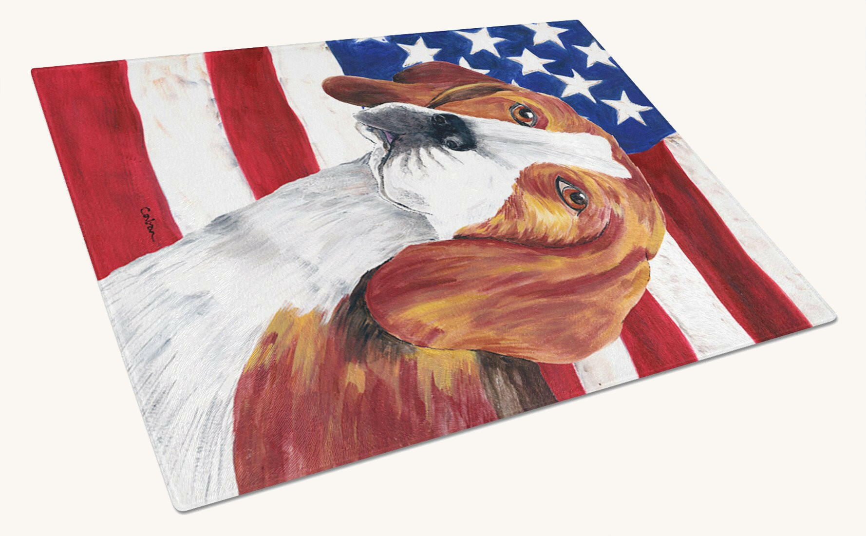 Hand-illustrated American Flag with Beagle Glass Cutting Board