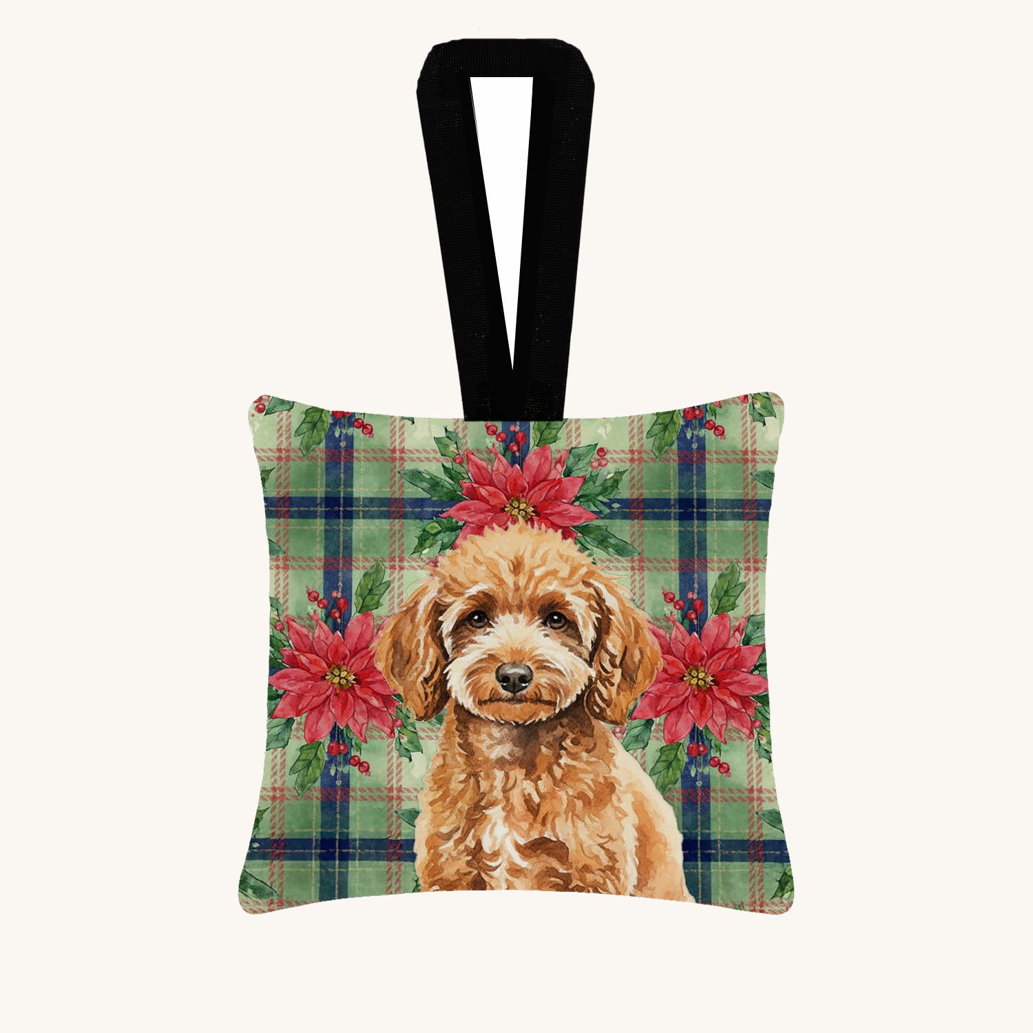 Hand-illustrated Apricot Poodle Christmas Poinsettias Fabric Ornament