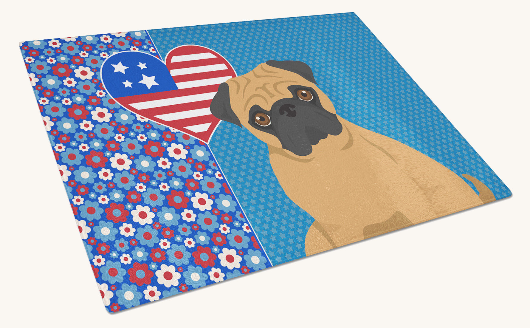 Hand-illustrated Apricot Pug USA American Glass Cutting Board