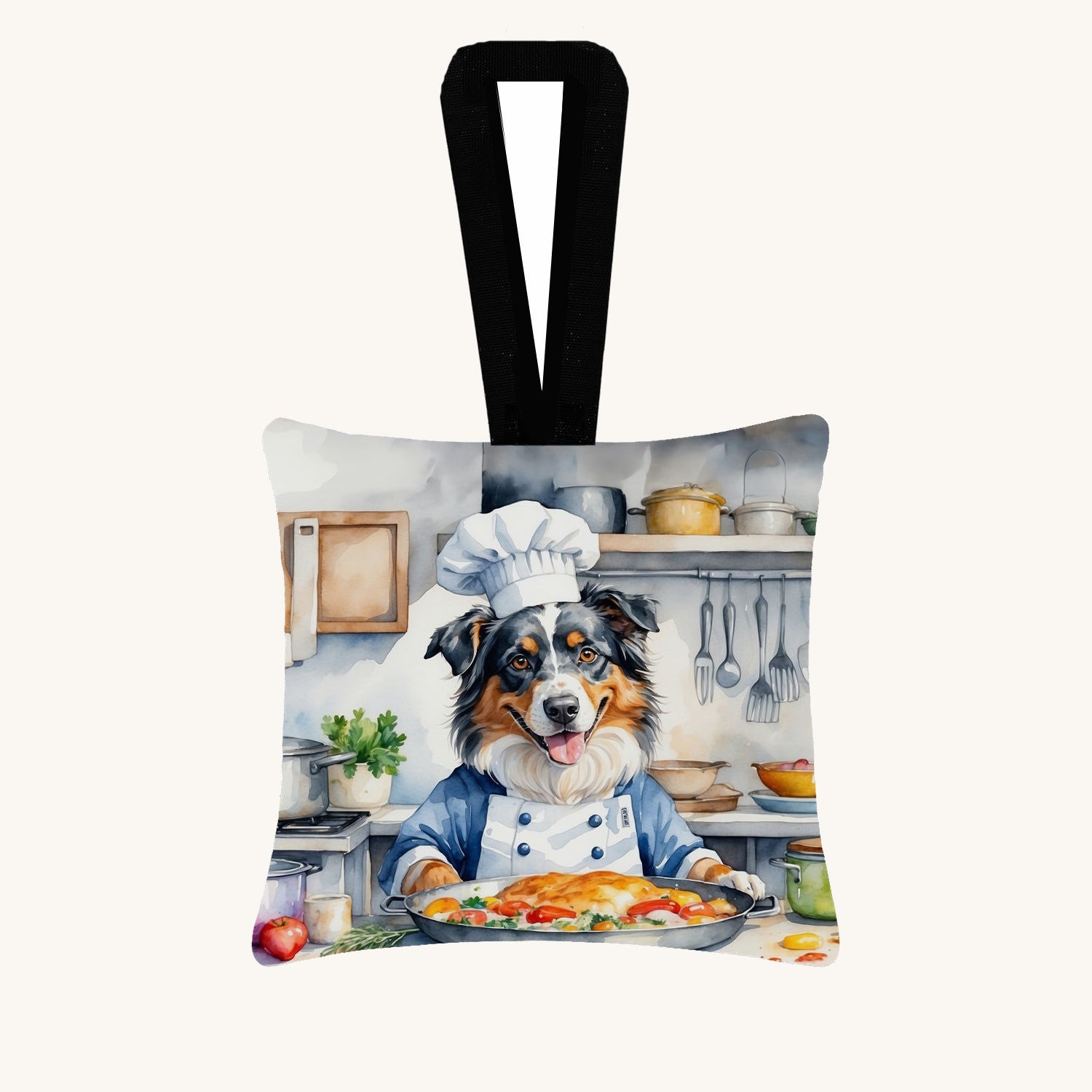 Hand-illustrated Australian Shepherd Chef Fabric Ornament