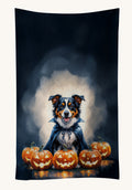 Hand-illustrated Australian Shepherd Puppy Halloween Kitchen Towel