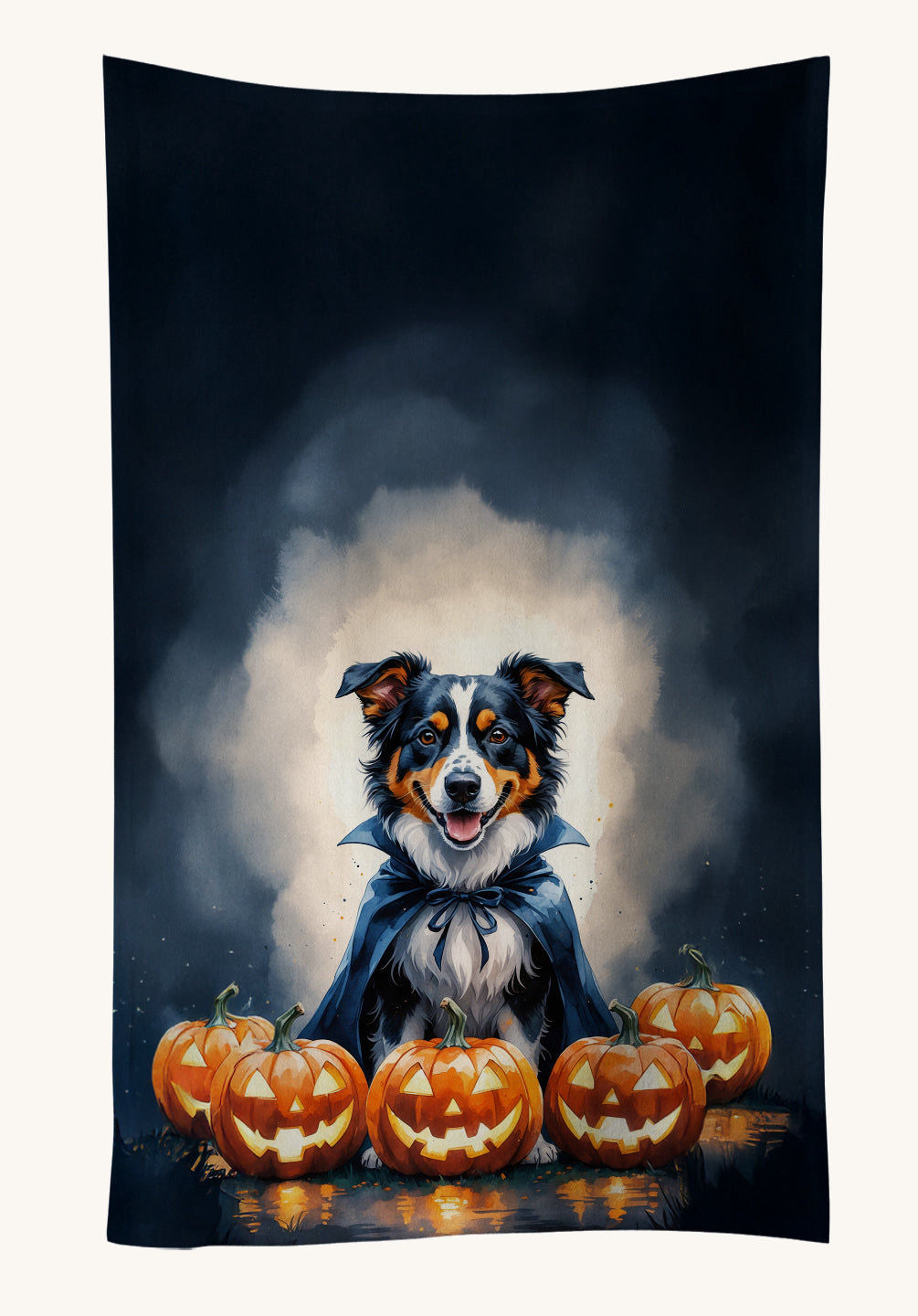 Hand-illustrated Australian Shepherd Puppy Halloween Kitchen Towel