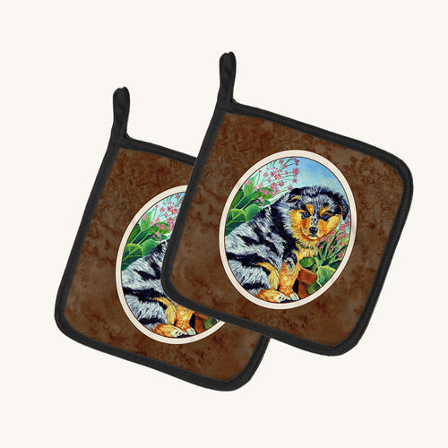 Hand-illustrated Australian Shepherd Puppy Pot Holder Set