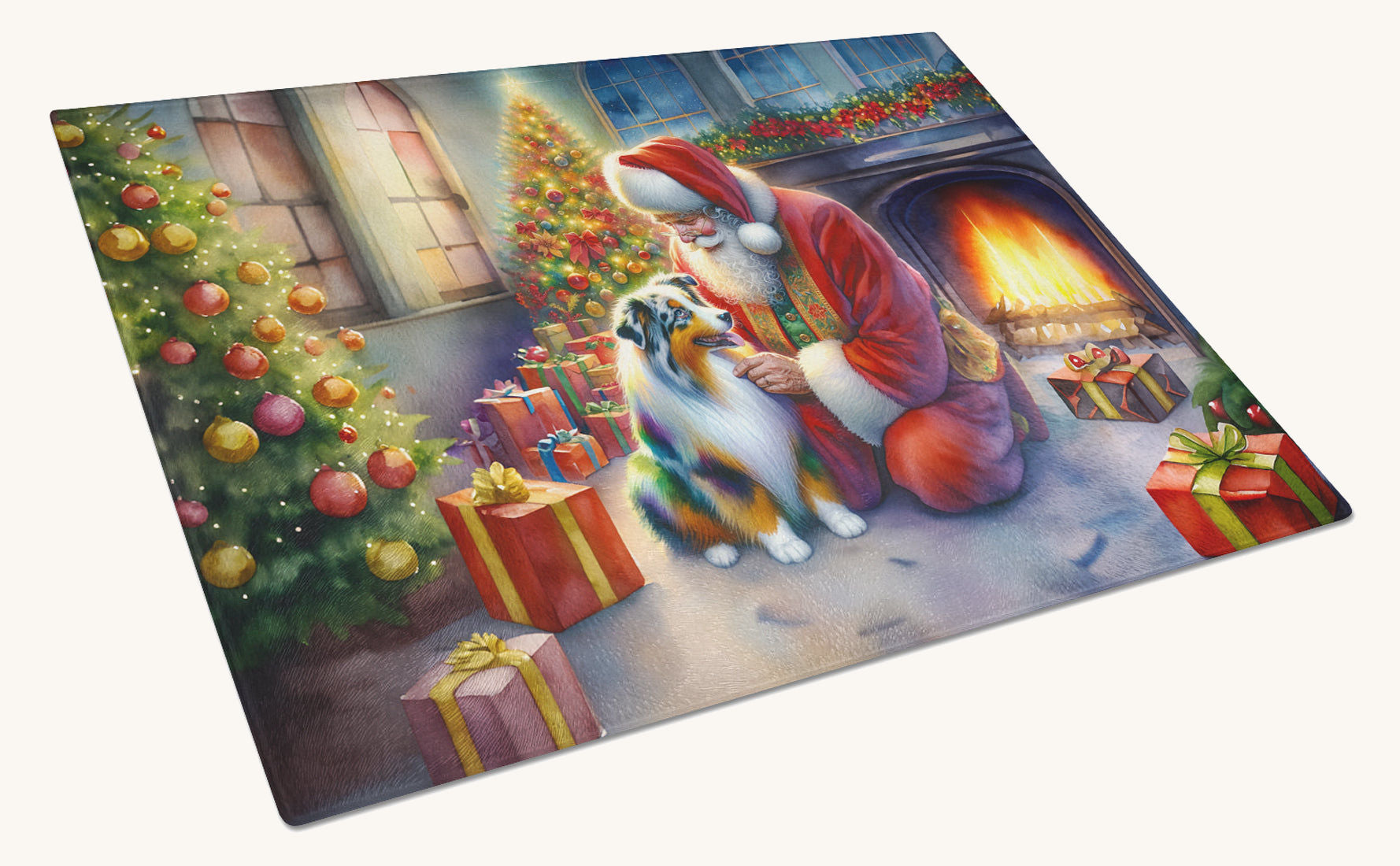 Hand-illustrated Australian Shepherd Santa Glass Cutting Board