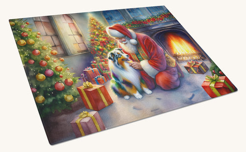 Hand-illustrated Australian Shepherd Santa Glass Cutting Board