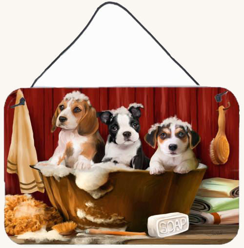 Hand-illustrated Beagle and Friends in the Tub Hanging Metal Sign