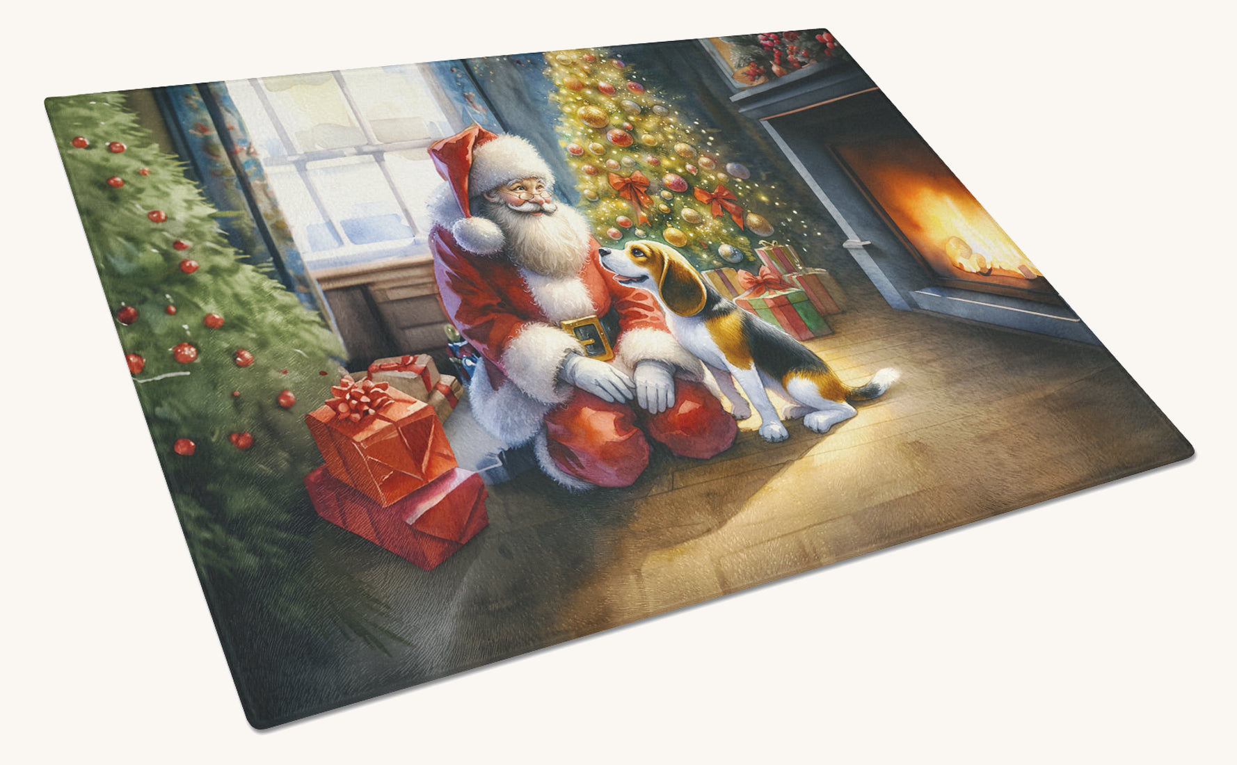 Hand-illustrated Beagle and Santa Claus Glass Cutting Board