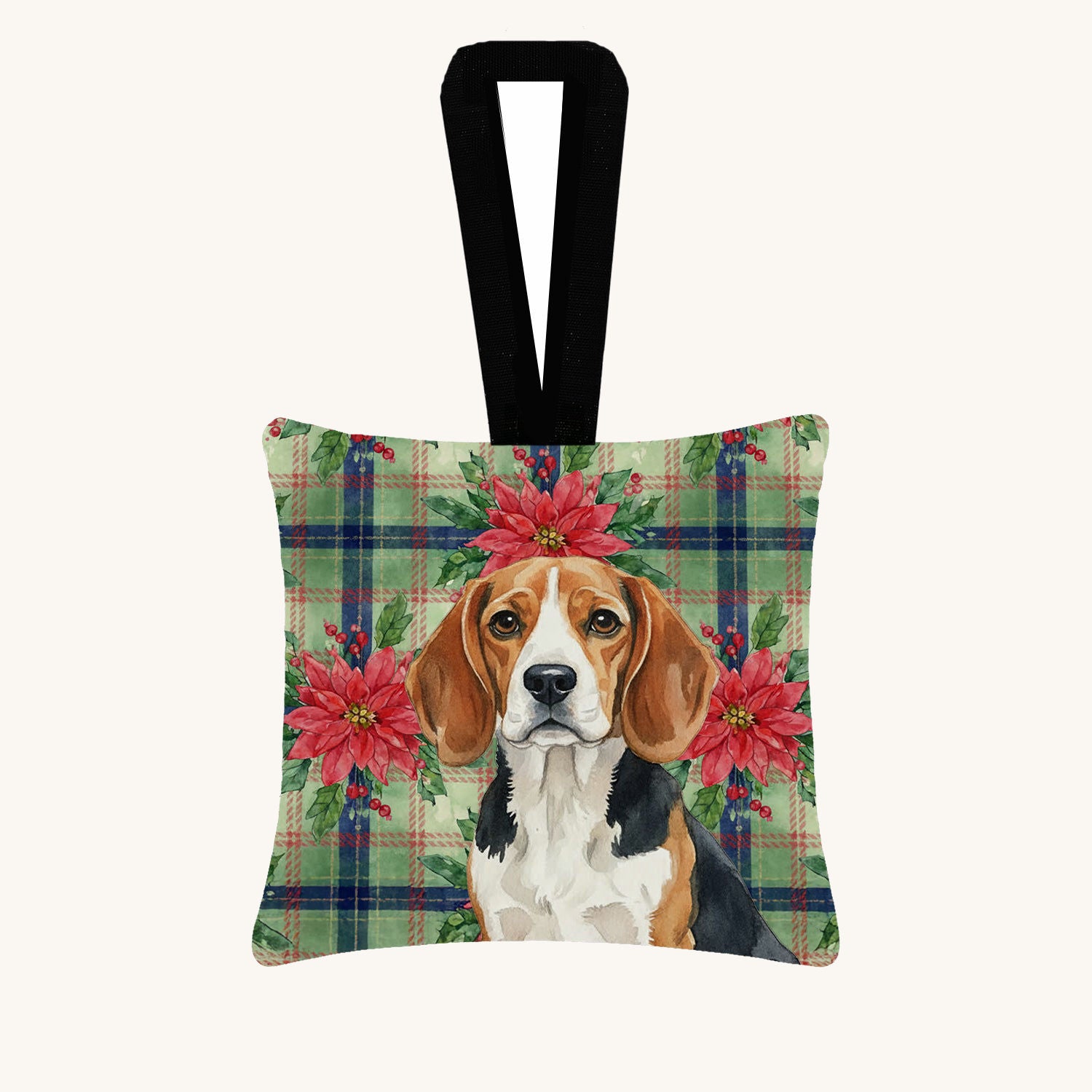 Hand-illustrated Beagle Christmas Poinsettias Fabric Ornament