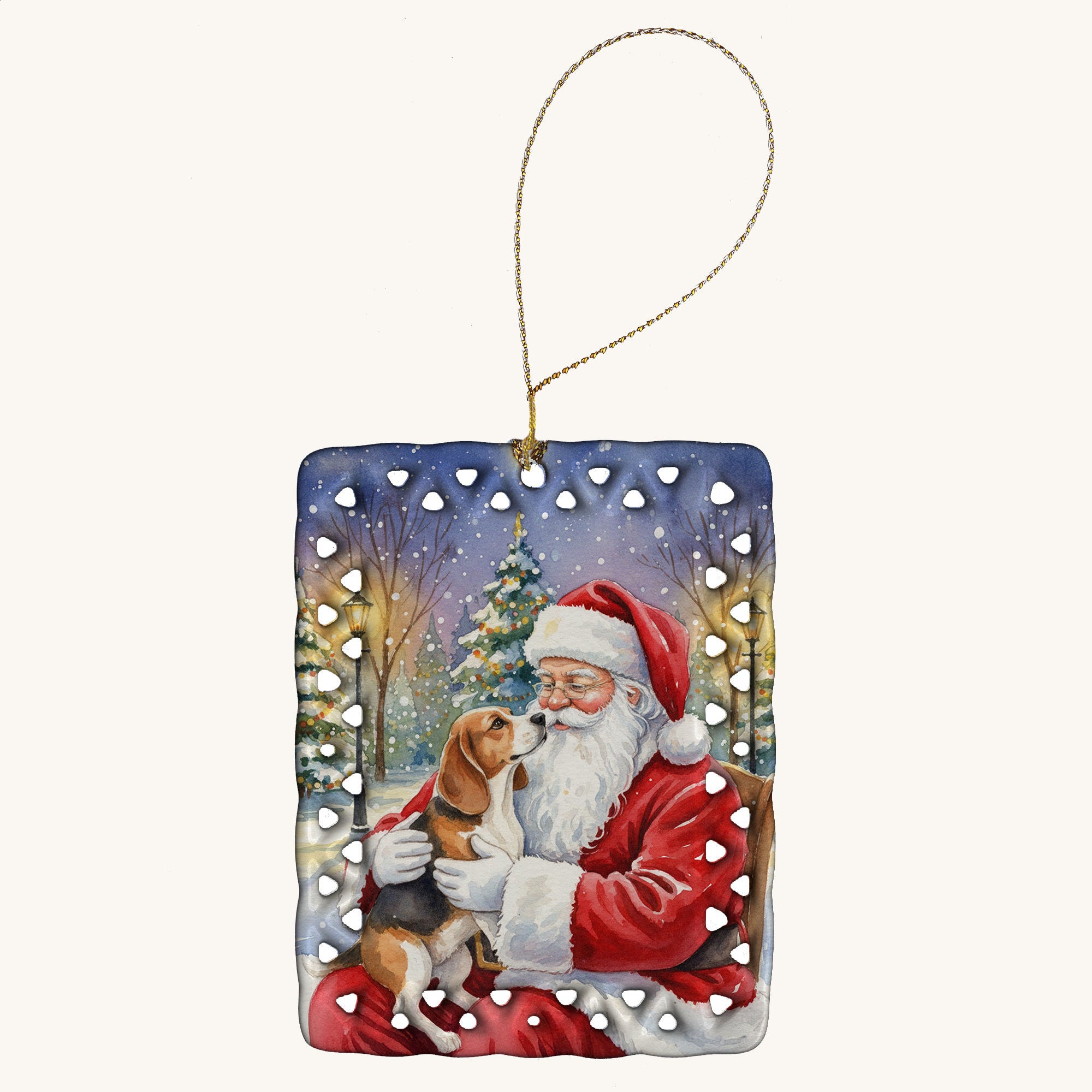 Hand-illustrated Beagle with Santa Claus Porcelain Ornament