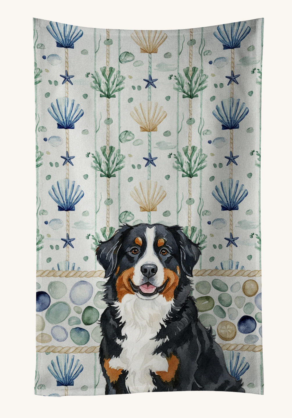 Hand-illustrated Bernese Mountain Dog Coastal Sea Glass Kitchen Towel