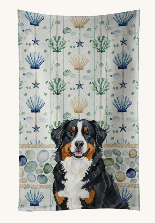 Hand-illustrated Bernese Mountain Dog Coastal Sea Glass Kitchen Towel