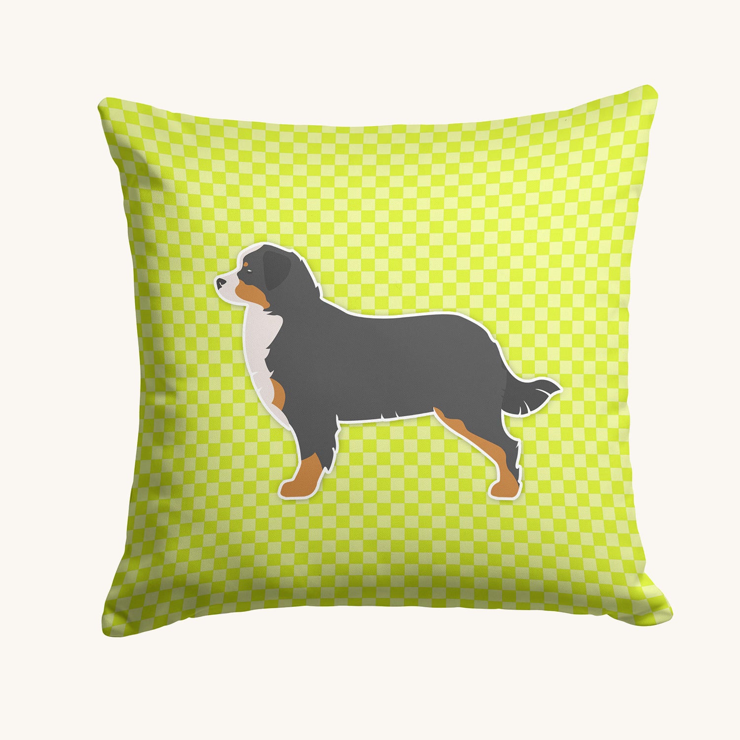 Hand-illustrated Bernese Mountain Dog Green Checkerboard Throw Pillow