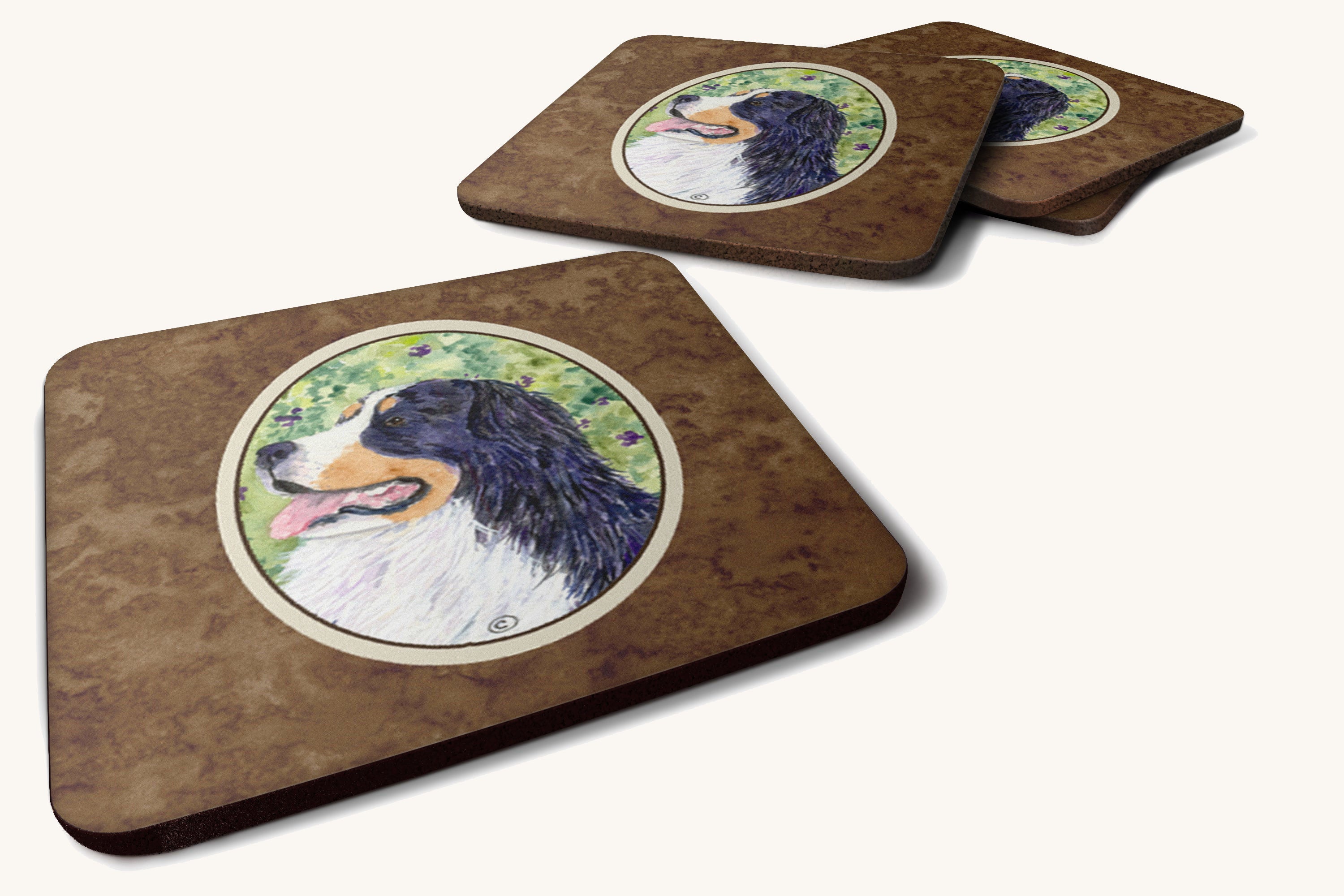 Hand-illustrated Bernese Mountain Dog Portrait Foam Coaster Set