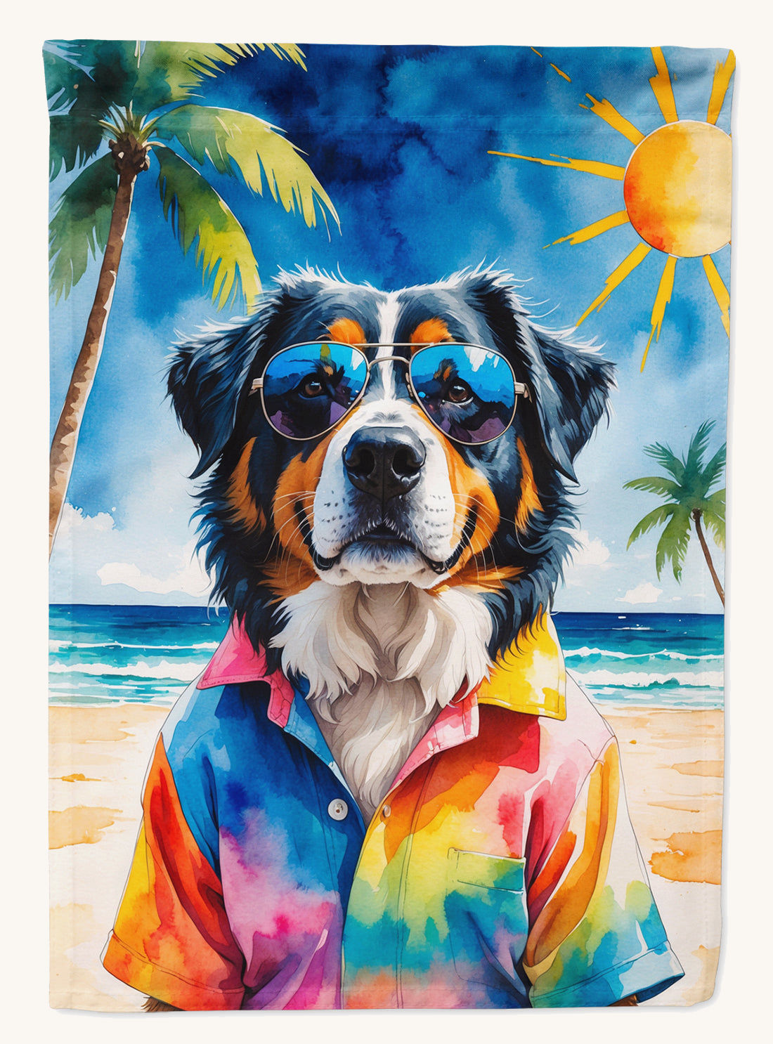 Hand-illustrated Bernese Mountain Dog Summer Beach House Flag