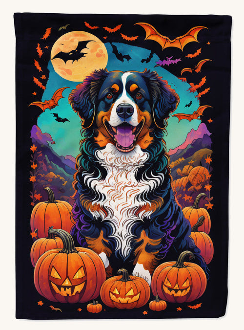 Hand-illustrated Bernese Mountain Dog Witchy Halloween Garden Flag