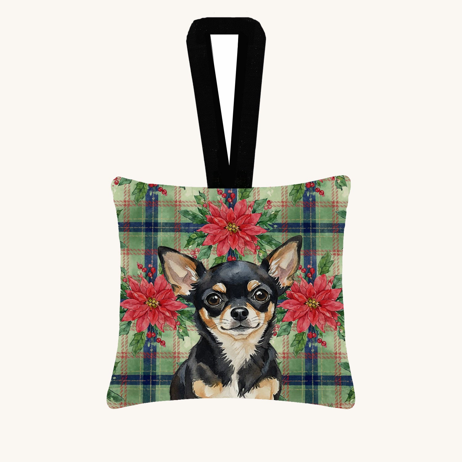 Hand-illustrated Black and Tan Chihuahua Poinsettias Fabric Ornament