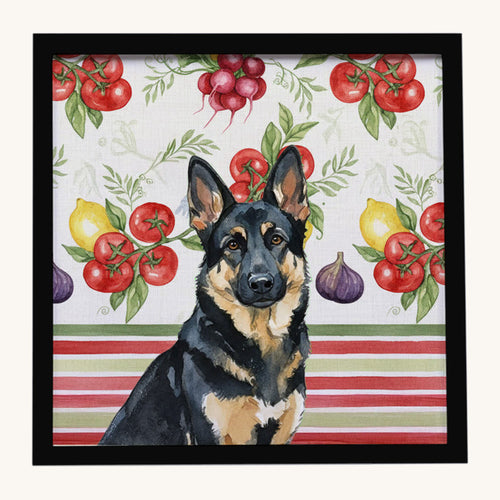 Hand-illustrated Black and Tan German Shepherd Framed Metal Wall Art