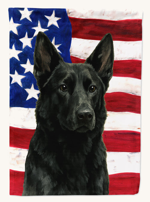 Hand-illustrated Black German Shepherd American Flag House Flag