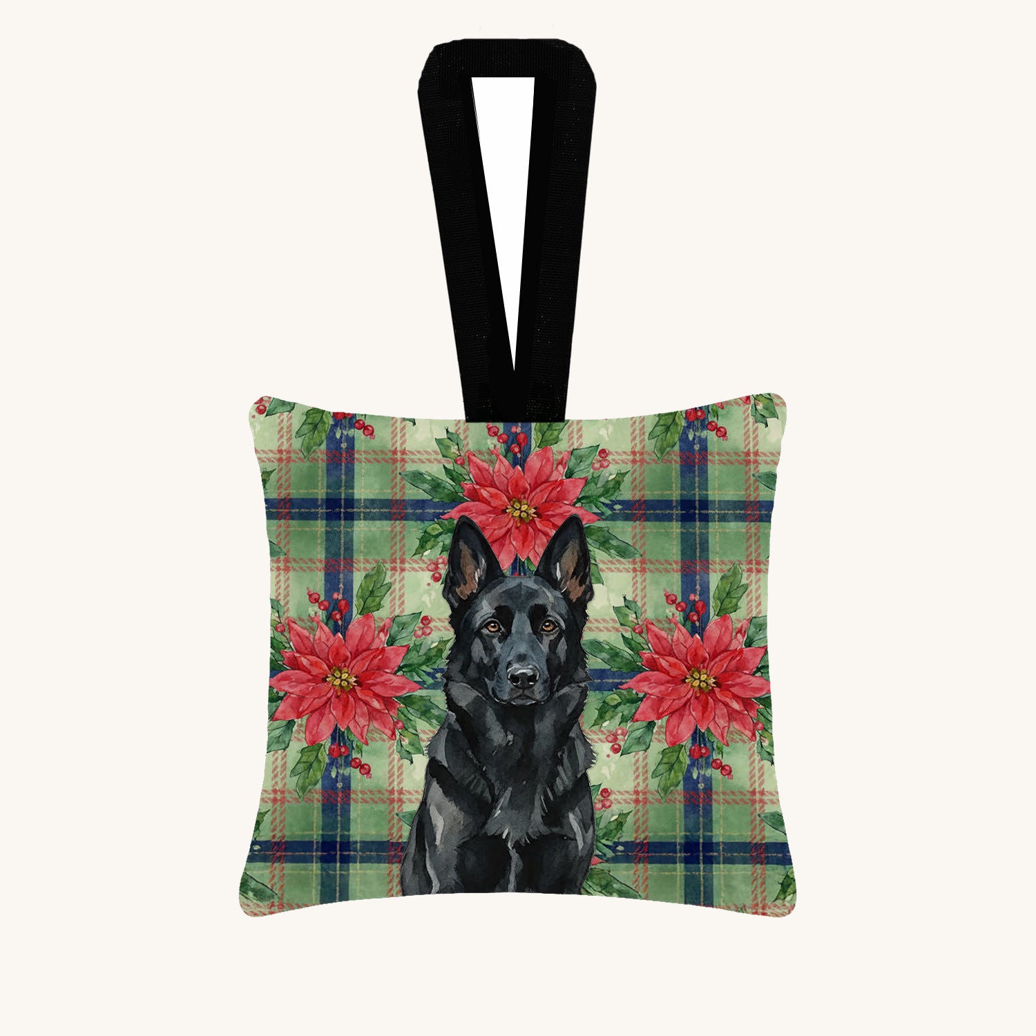 Hand-illustrated Black German Shepherd Christmas Poinsettias Ornament