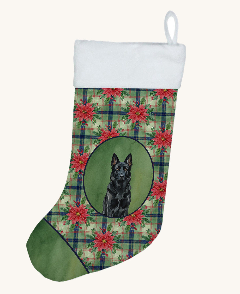 Hand-illustrated Black German Shepherd Christmas Poinsettias Stocking