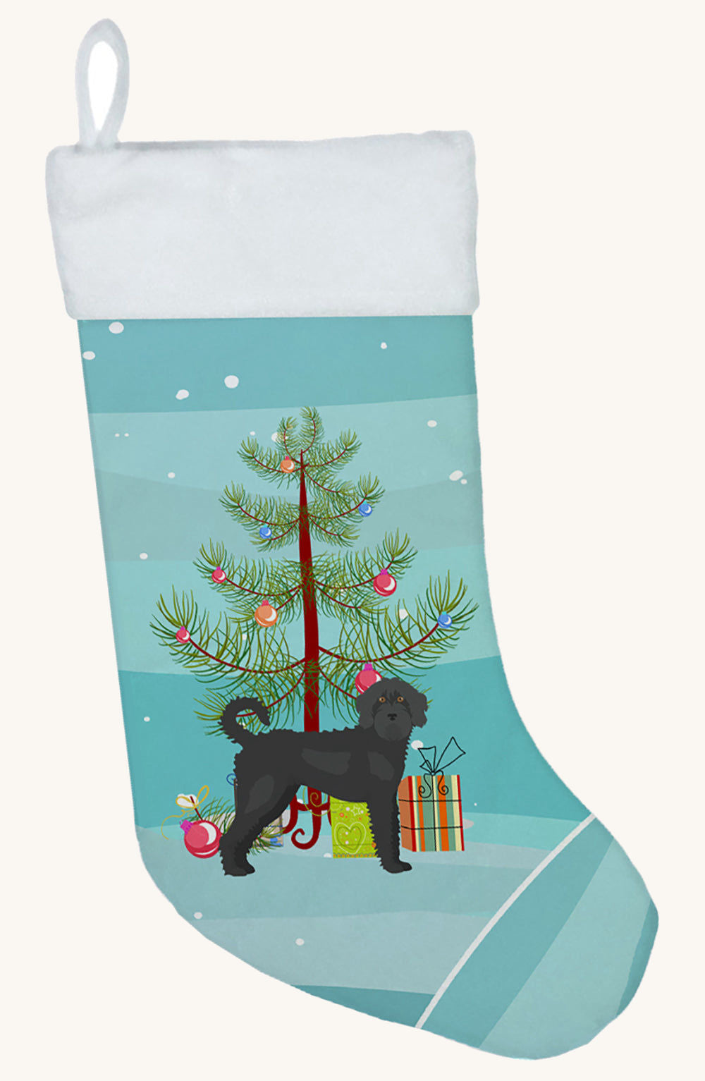 Hand-illustrated Black Labradoodle Christmas Tree Stocking