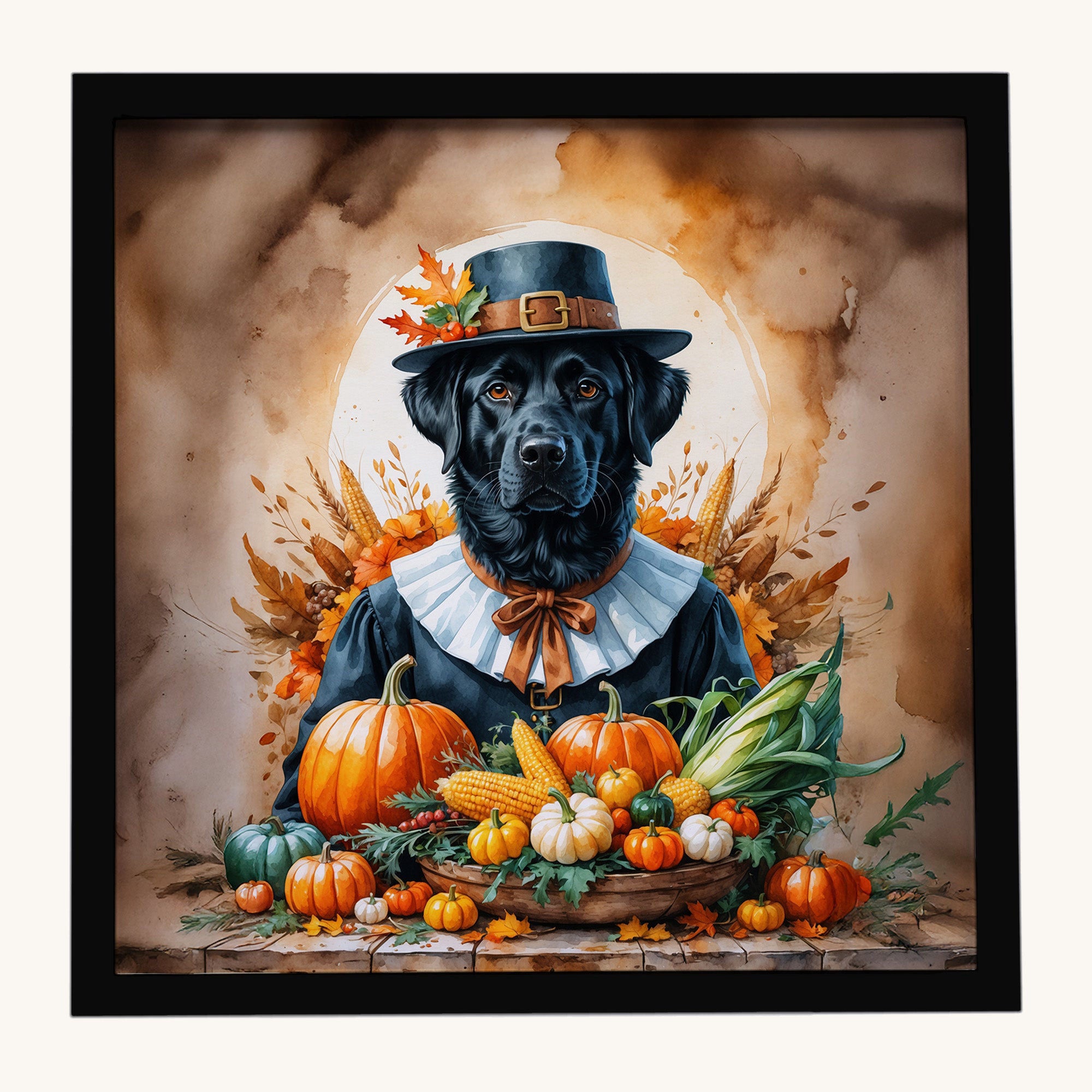 Hand-illustrated Black Labrador Thanksgiving Framed Metal Print