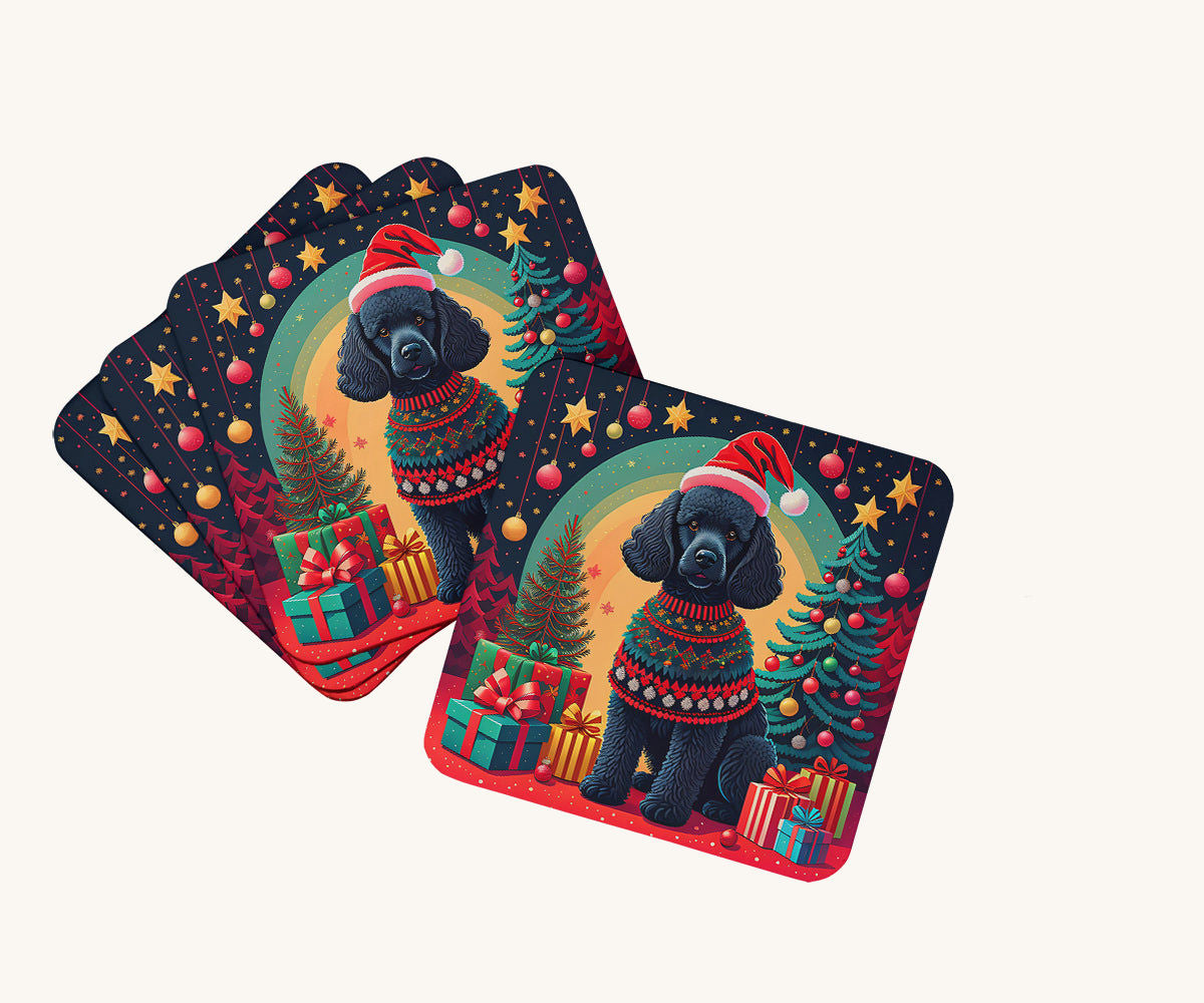 Hand-illustrated Black Poodle Christmas Foam Coasters