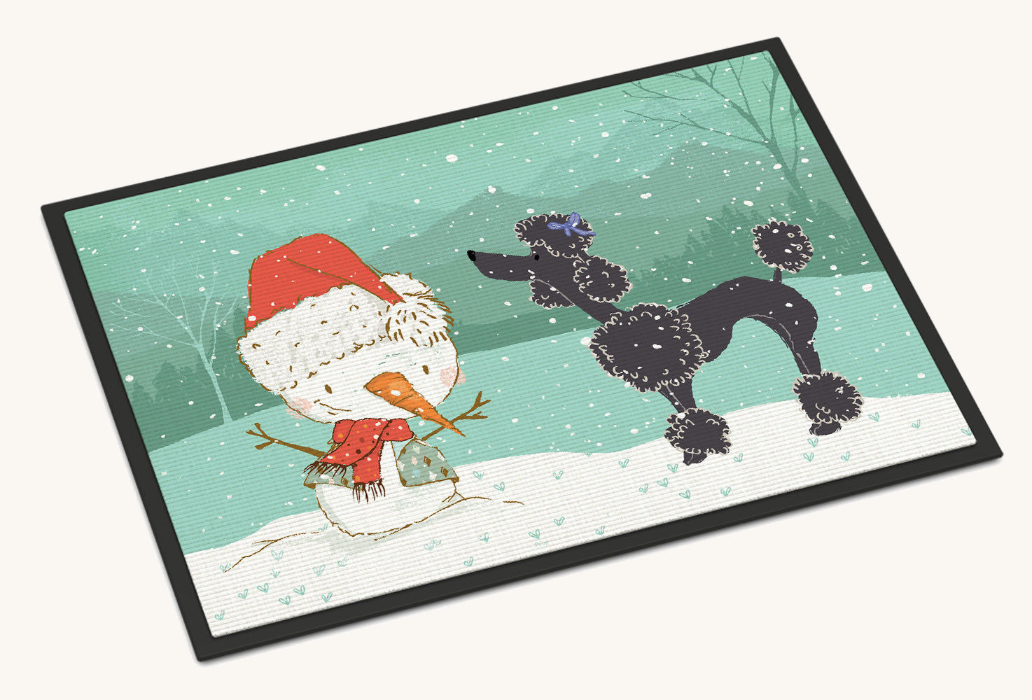 Hand-illustrated Black Poodle Snowman Christmas Doormat