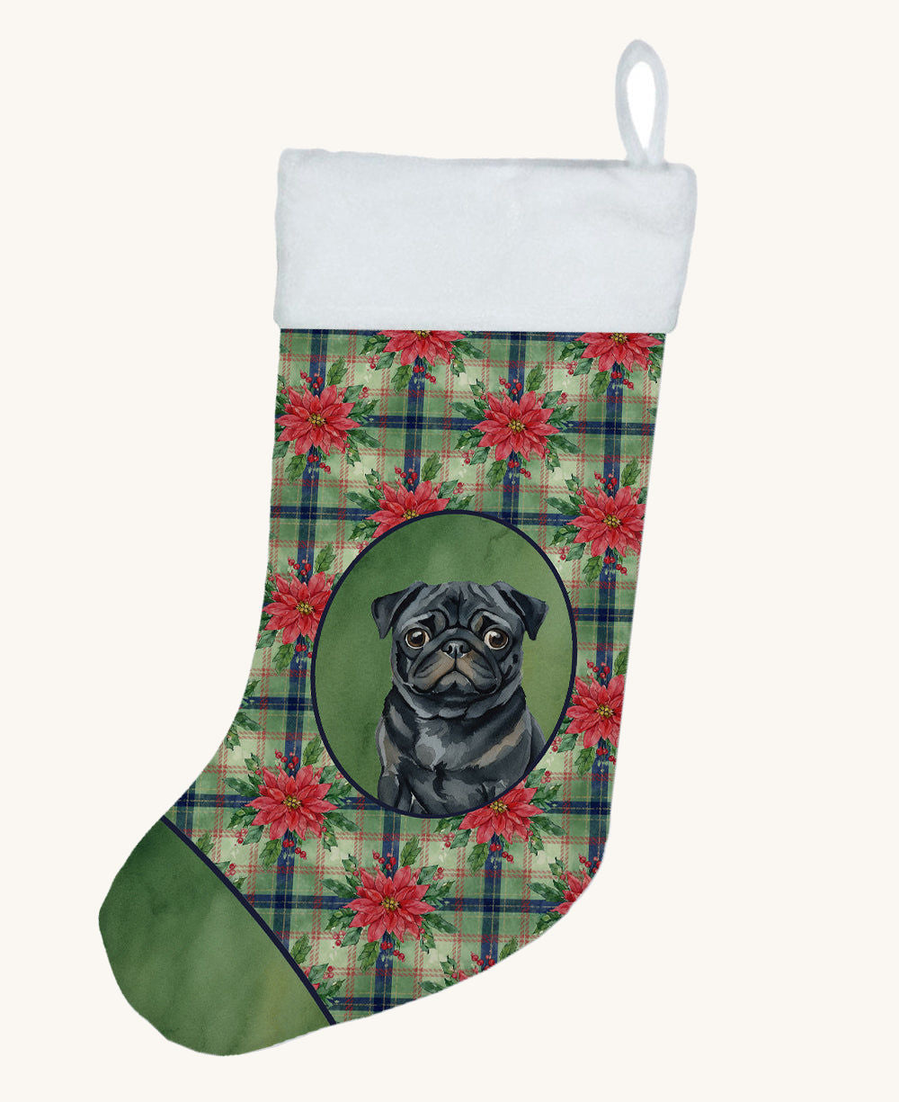 Hand-illustrated Black Pug Christmas Poinsettias Holiday Stocking