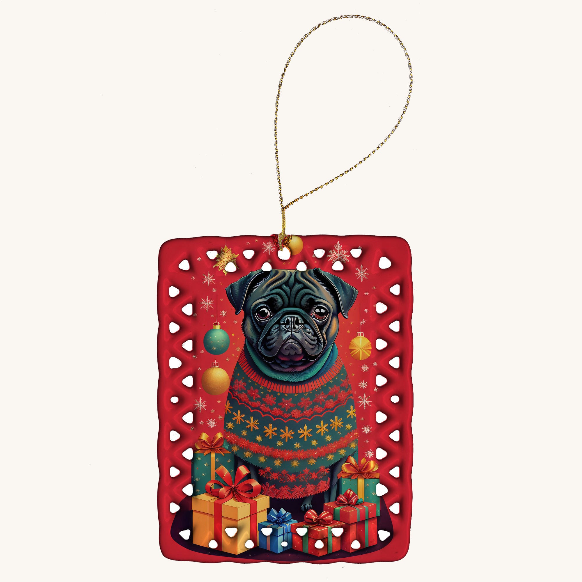 Hand-illustrated Black Pug Holiday Porcelain Ornament