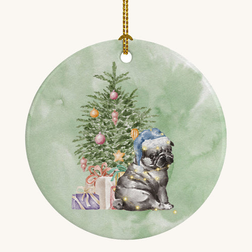 Hand-illustrated Black Pug Puppy and Tree Ceramic Ornament