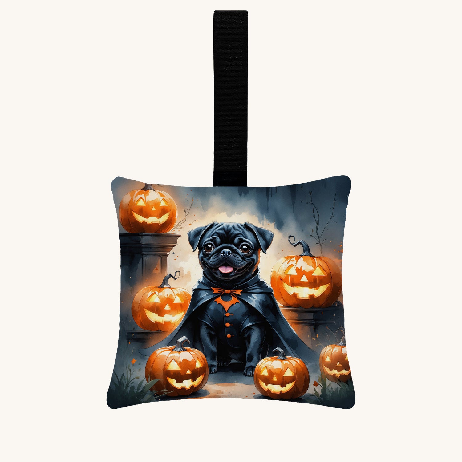 Hand-illustrated Black Pug Puppy Halloween Hanging Pillow Ornament