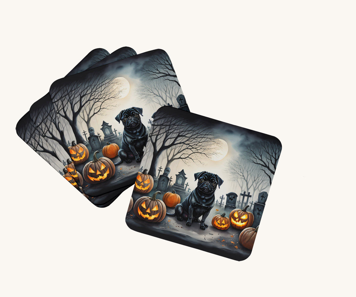 Hand-illustrated Black Pug Spooky Halloween Foam Coaster Set